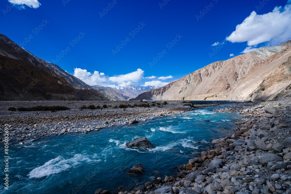 Vibrant view of the Indus River flowing through a barren Himalayan valley under a clear blue sky in Ladakh, India. Vibrant view of the Indus River flowing through a barren Himalayan valley under a clear blue sky in Ladakh, India.