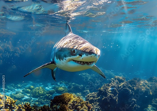 Majestic Great White Shark Swimming in Clear Blue Ocean Waters Over Coral Reef