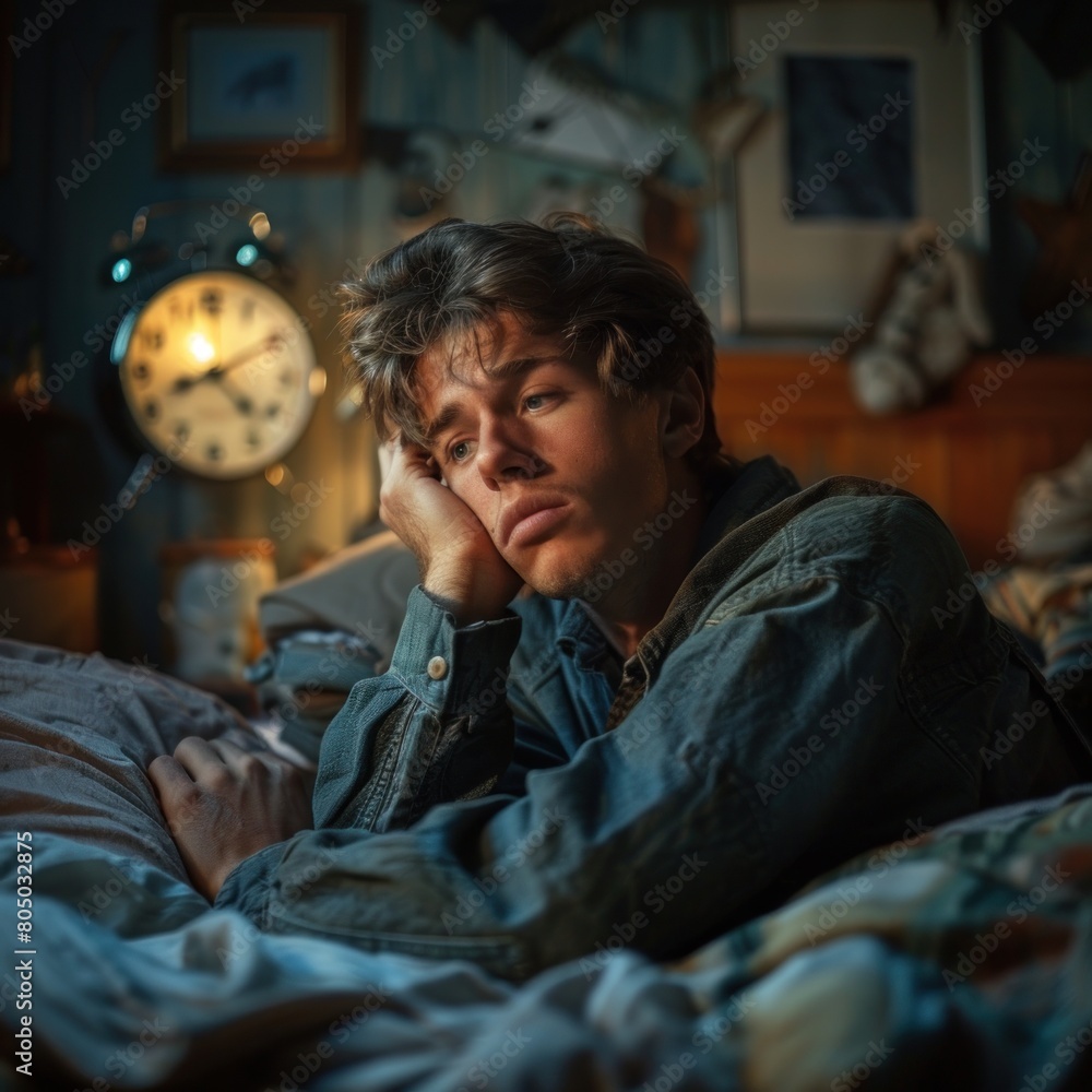 A person holding his head has insomnia which makes his mental health disturbed by carrying an alarm clock on the bed, bedroom background at night A person holding his head has insomnia which makes his mental health disturbed by carrying an alarm clock on the bed, bedroom background at night