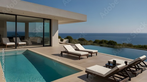 Contemporary holiday villa with sea view pool.generative.ai © Waqar
