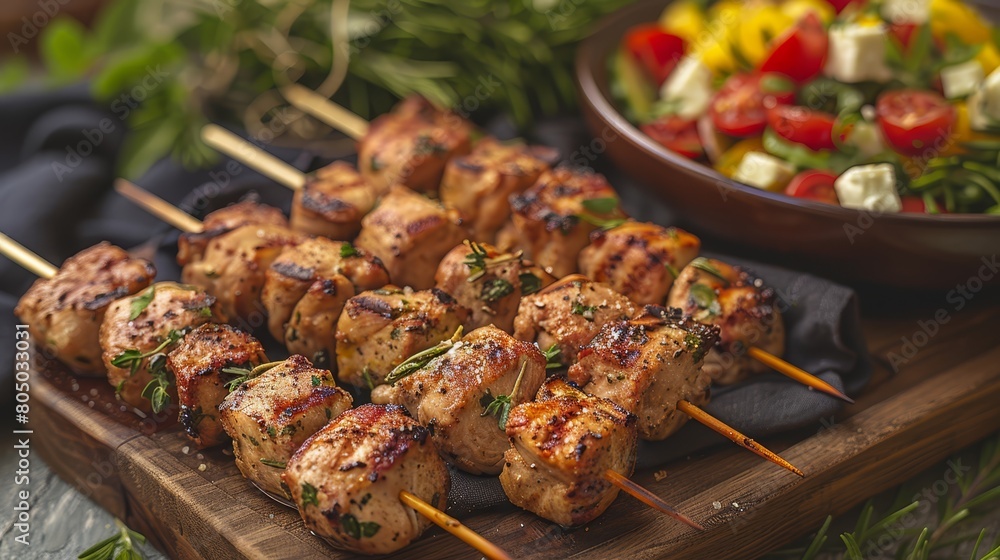 A tight shot of a plate displaying skewered dishes, backed by a bowl of salad A tight shot of a plate displaying skewered dishes, backed by a bowl of salad