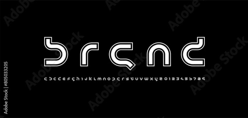 Technology outlines font, digital cyber alphabet made futurism style, lowercase letters A, B, C, D, E, F, G, H, I, J, K, L, M, N, O, P, Q, R, S, T, U, V, W, X, Y, Z and numerals 0, 1, 2, 3, 4-7, 8, 9