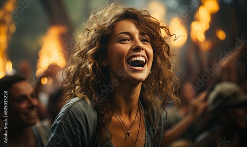 Woman Laughing in Front of Crowd