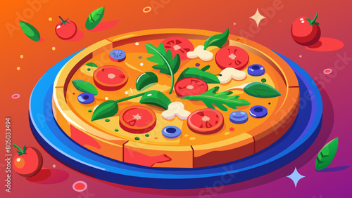 an image of a large pizza with tomatoes, onions and pepperoni on the board. The background of the image is dark and there is nothing on the background