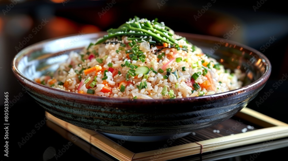 A bowled meal with broccoli and carrots atop a weathered wooden table - close-up view A bowled meal with broccoli and carrots atop a weathered wooden table - close-up view