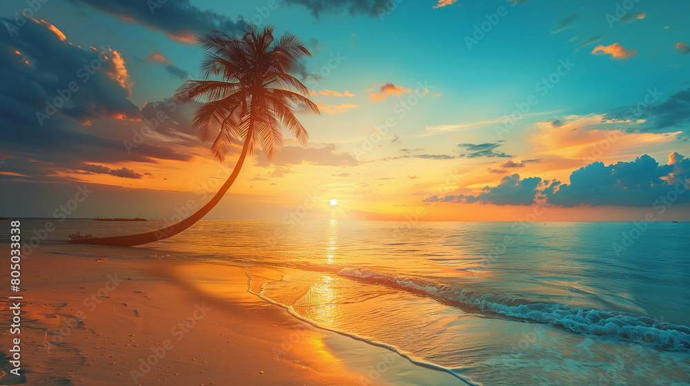 copy space, summer background with beach scene in orange tone colors. Beautiful design for summer poster, background. Great summer vibes, tropical travel theme.