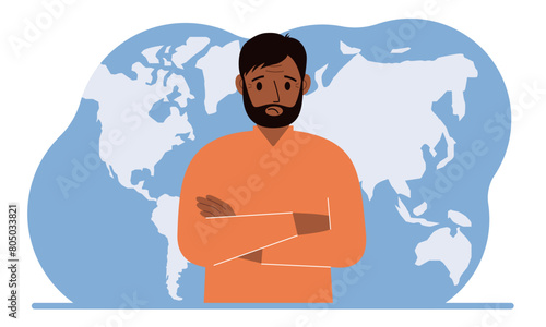 A man stands in front of a world map with his arms crossed. Vector flat illustration