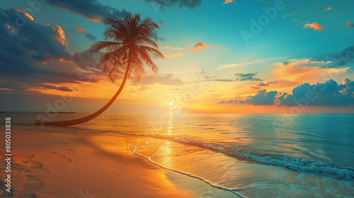 copy space, summer background with beach scene in orange tone colors. Beautiful design for summer poster, background. Great summer vibes, tropical travel theme. © Dirk