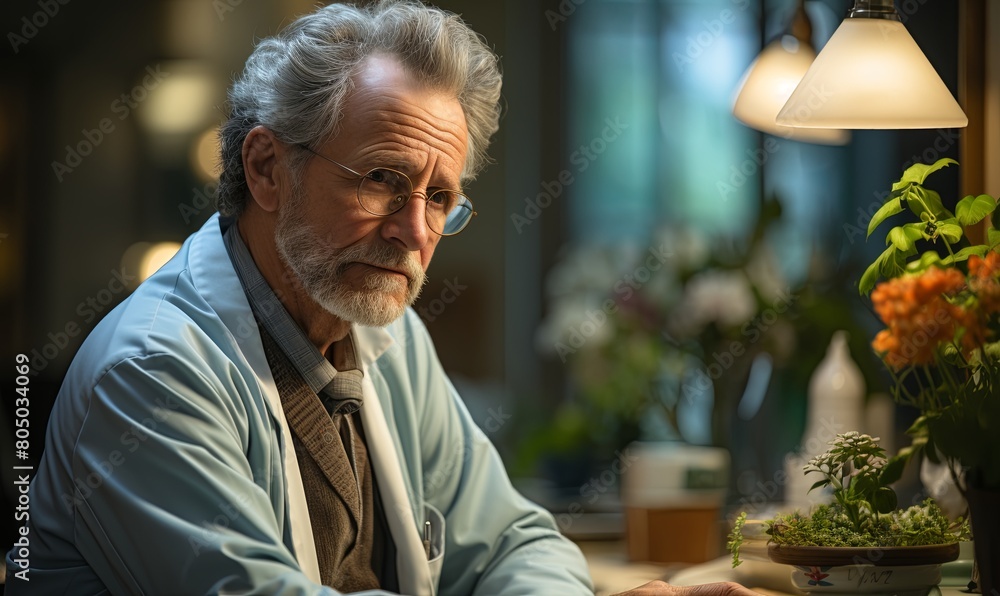 Man Sitting at Table With Plant Man Sitting at Table With Plant