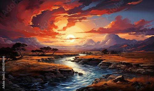 Vibrant Sunset Painting Over River