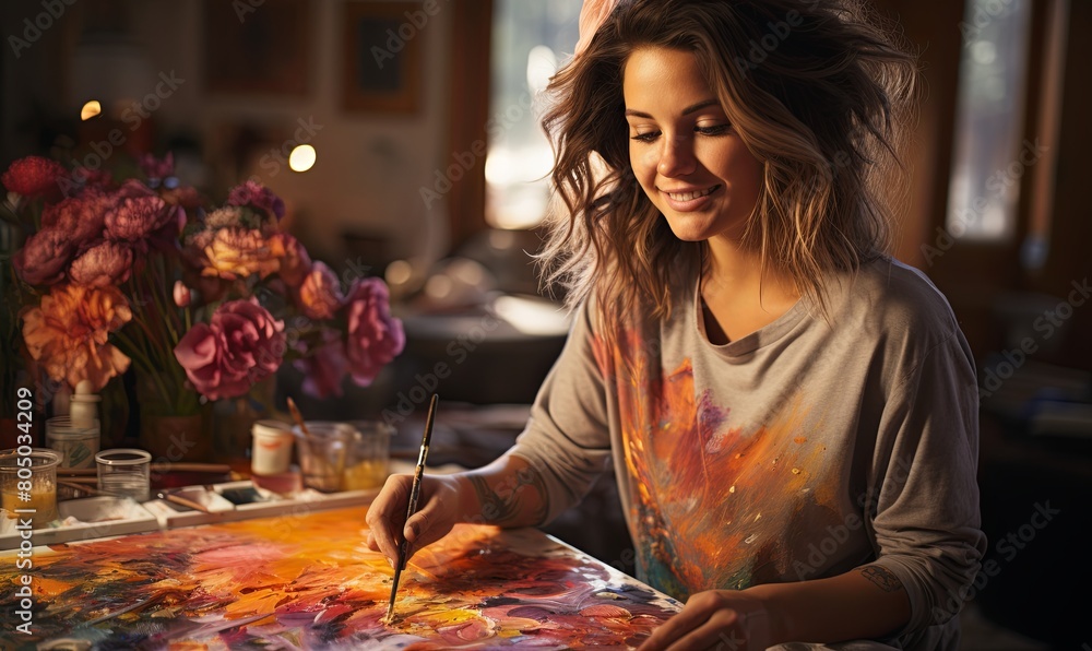 Woman Painting Picture at Table Woman Painting Picture at Table