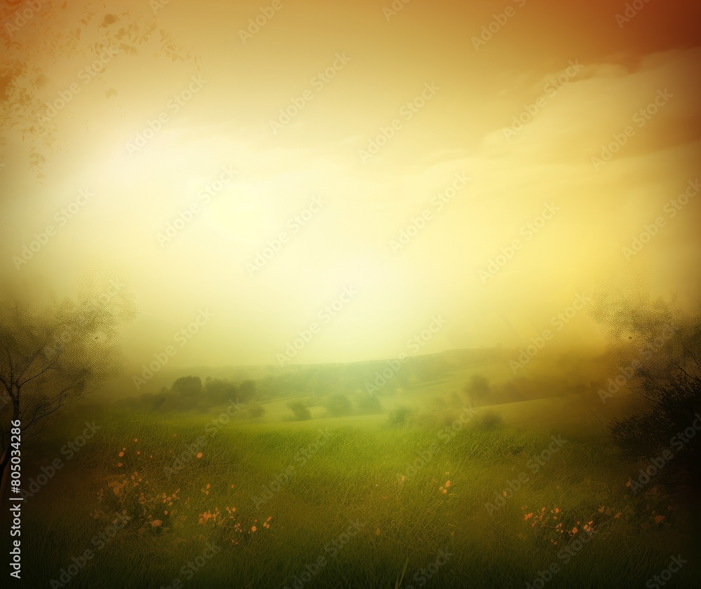 Serene Summer Sunrise in Misty Meadow with Warm Golden Glow Serene Summer Sunrise in Misty Meadow with Warm Golden Glow