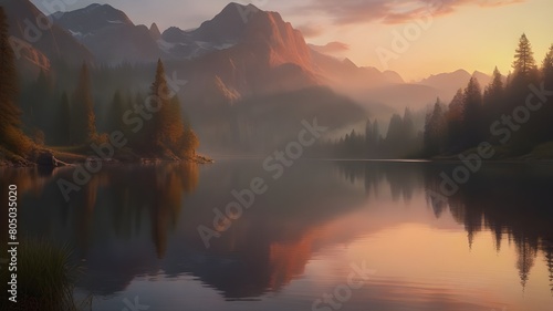 view of a secluded mountain lake at dawn photo