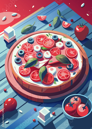 an image of a large pizza with tomatoes, onions and pepperoni on the board. The background of the image is dark and there is nothing on the background