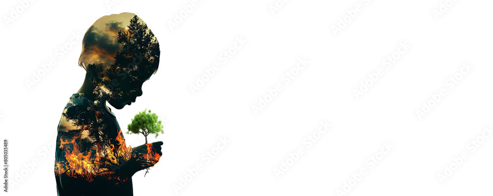 Global Warming Concept. Double Exposure. A Silhouette Of A Boy And Forest Fire, Holding A Small Green Tree In His Hand. Transparent Background Global Warming Concept. Double Exposure. A Silhouette Of A Boy And Forest Fire, Holding A Small Green Tree In His Hand. Transparent Background