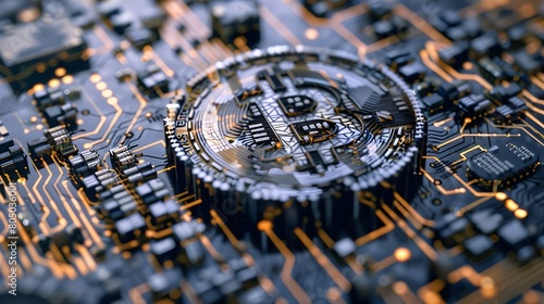 Bitcoin virtual cryptocurrency blockchain technology digital currency money gold coin exchange market future global network connections. BTC mining crypto symbol mainboard futuristic.3d rendering. 