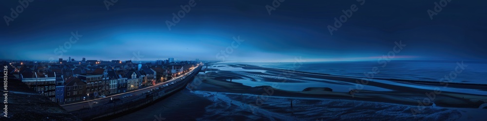 Heavenly Views of Borkum: A Panoramic Silhouette of the Town's Architecture Framed by Blue Sea