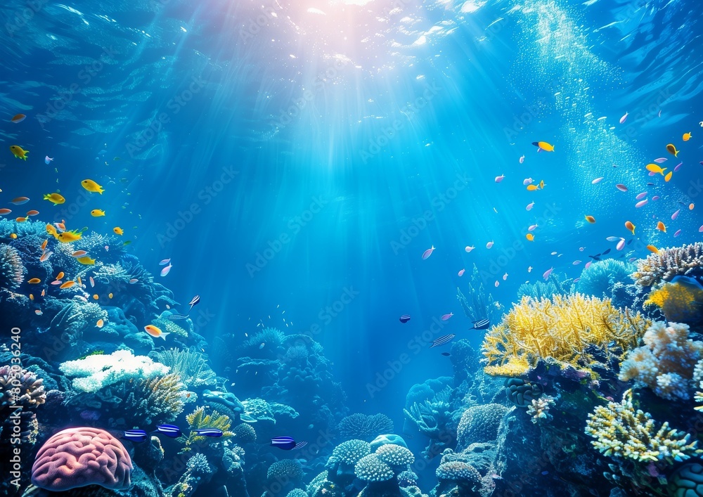 Obraz premium Vibrant Underwater Seascape with Coral Reef and Tropical Fish in Sunlight