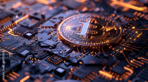 Bitcoin virtual cryptocurrency blockchain technology digital currency money gold coin exchange market future global network connections. BTC mining crypto symbol mainboard futuristic.3d rendering. 