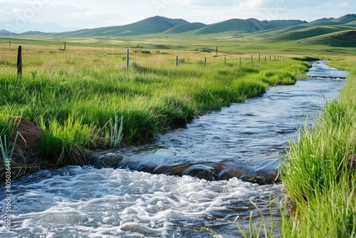 Flowing Through the Rockies: Irrigation Ditch on Farmland with Lush Green Grass photo