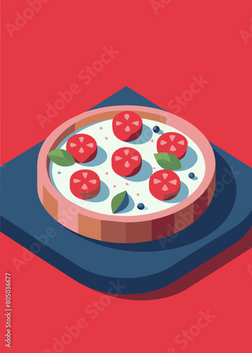 an image of a large pizza with tomatoes, onions and pepperoni on the board. The background of the image is dark and there is nothing on the background