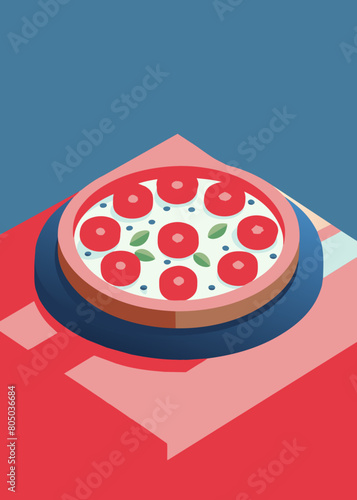 an image of a large pizza with tomatoes, onions and pepperoni on the board. The background of the image is dark and there is nothing on the background