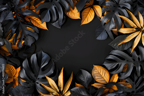 fond noir encadré par des feuilles tropicales noires et dorées avec espace vide au centre photo