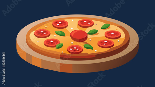 an image of a large pizza with tomatoes, onions and pepperoni on the board. The background of the image is dark and there is nothing on the background