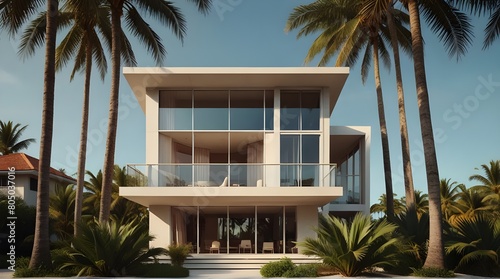 Geometric abstract house or hotel. Beach house or villa among palm trees.generative.ai © Neelam
