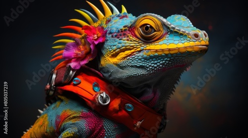 A colorful lizard with a colorful neck piece.