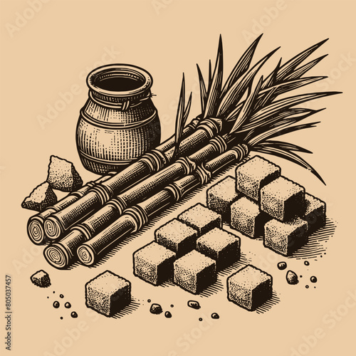 Sugar cane. Cane sugar. Stems. Vintage vector engraving illustration, emblem, logo, icon. isolated object, cut out