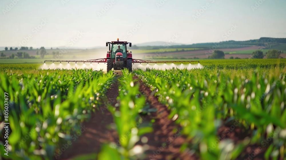 Farm Agriculture: Tractor Spraying Pesticides and Fertilizers on Corn Field Crop Farm Agriculture: Tractor Spraying Pesticides and Fertilizers on Corn Field Crop