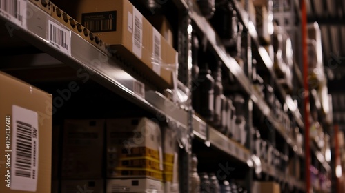 Warehouse shelves stocked with goods, close view of items with scan codes, precise focus, ambient light. 