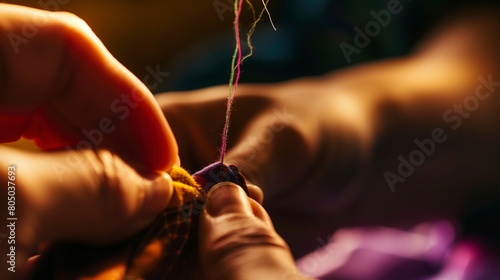 Close-up of a seamstress threading a needle, vibrant thread colors, focused detail, soft natural light.