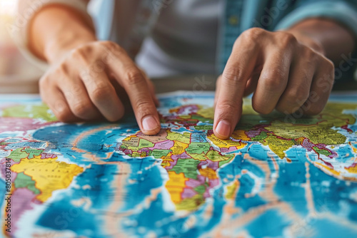 Close-up of hands over a world map with trade routes, pointing at major global trade ports  