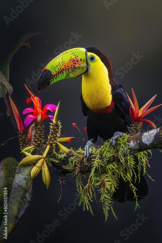 Costa Rican Wildlife: Keel-Billed Toucan Perched on Bromelia Branch