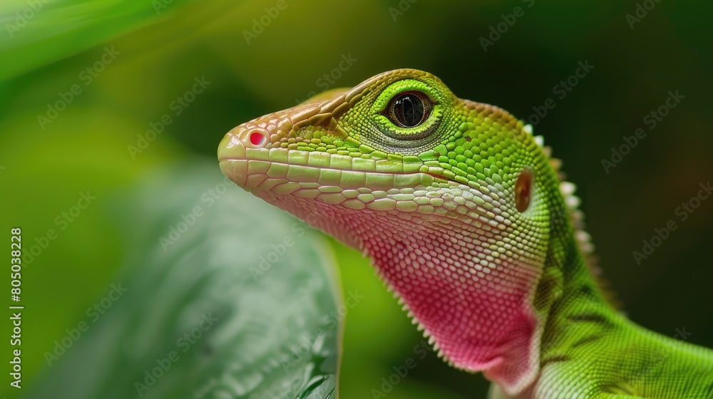 Closeup of Green Anole Lizard (Anolis carolinensis) displaying its Bright Pink Dewlap in a Wildlife