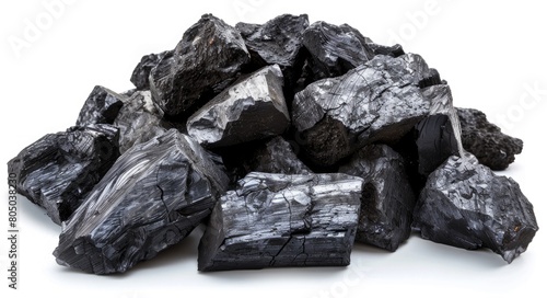 Coal Chunks Isolated on White Background. Anthracite, Burn & Carbon Fuel Block for Charcoal