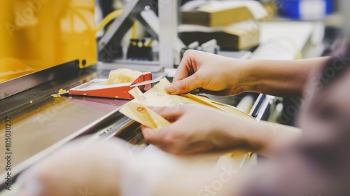 Worker sealing snack bags, close-up on hands and machinery, detailed movement, bright packaging