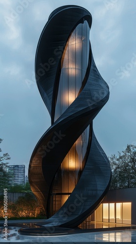 A tall building with a spiral design and a glass facade