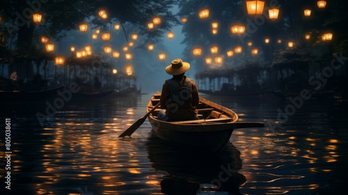 A man on a boat in a boat with lanterns on the water.