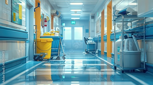 A hospital hallway with a yellow trash can and a blue cart. The hallway is clean and bright, with a sense of order and organization photo
