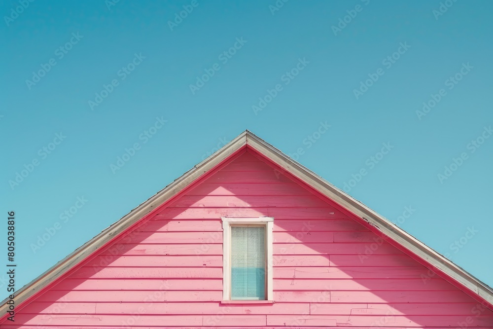 Charming Pink Farmhouse with Classic Design and Colorful Blue Sky Background