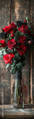 A vase of red roses sits on a wooden table