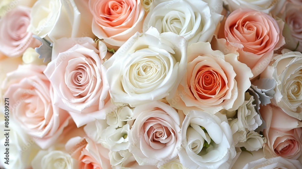 A bouquet of white and pink roses