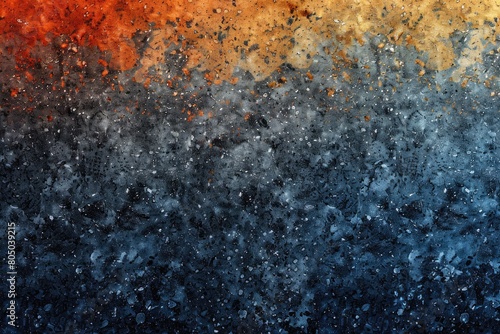 A painting of a blue, black, and orange background with a lot of white paint splatters © At My Hat