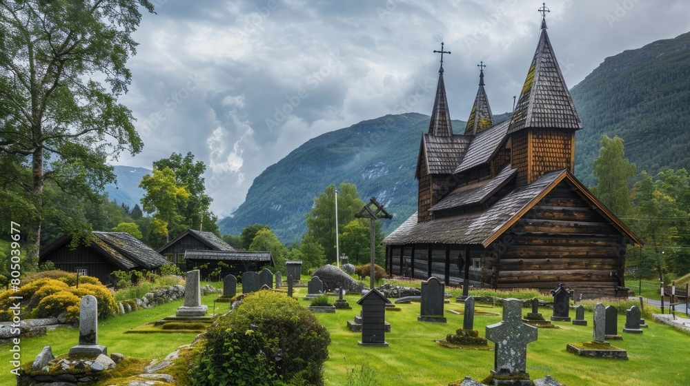 Aged Beauty of Architecture - Borgund Stave Church Amidst Serene Countryside Landscape Aged Beauty of Architecture - Borgund Stave Church Amidst Serene Countryside Landscape