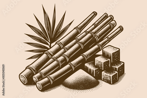 Sugar cane. Cane sugar. Stems. Vintage vector engraving illustration, emblem, logo, icon. isolated object, cut out