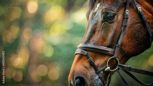 Brown Horse with Blinders Enjoying a Summer Day at the Park - Equestrian Sport and Riding Portrait photo