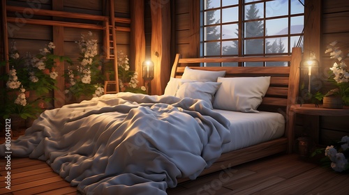 A cozy wooden bed with fluffy pillows and a soft duvet, inviting you to sink into a peaceful slumber
